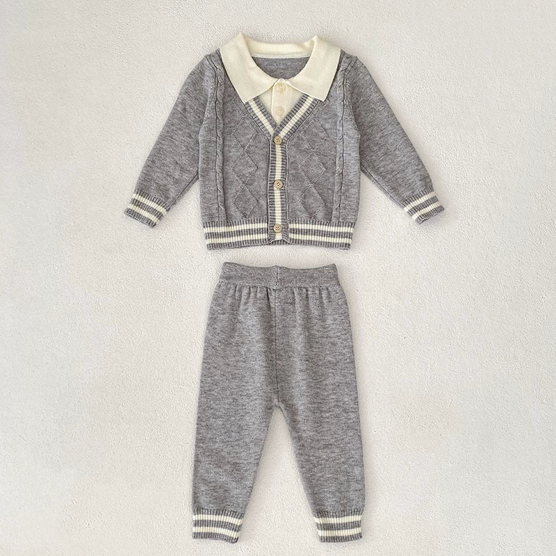 Arrival Autumn Baby Unisex Long Sleeves Color Patchwork Striped Pattern Knitted Top Cardigan and Long Trousers Clothing Set
