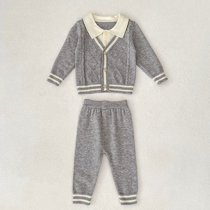 Arrival Autumn Baby Unisex Long Sleeves Color Patchwork Striped Pattern Knitted Top Cardigan and Long Trousers Clothing Set