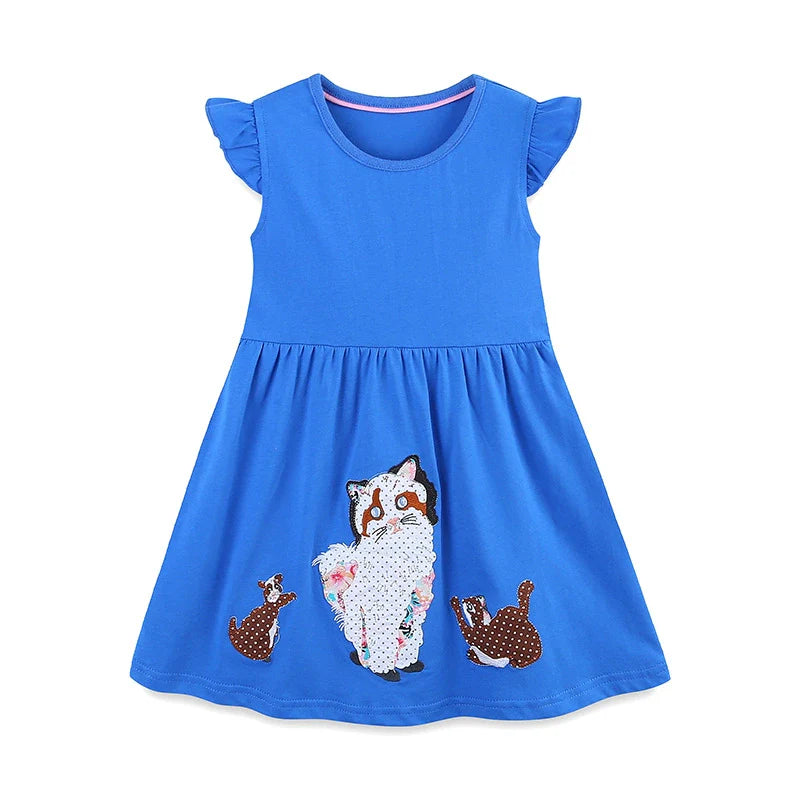 Summer Pure Cotton Cute Cartoon Mouse and Cat Pattern Fly Sleeves Dress for Stylish Girls
