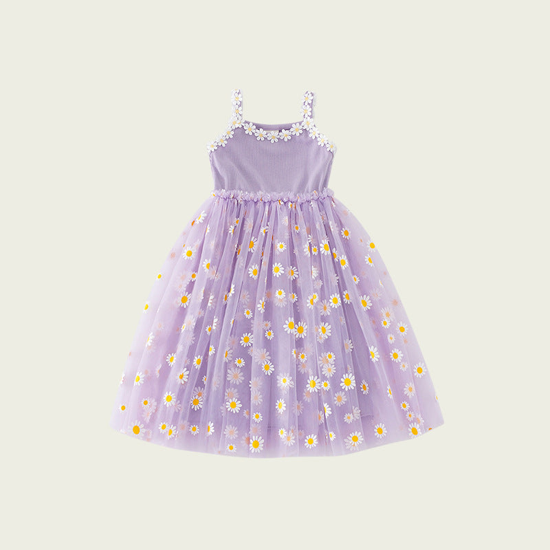 Summer Baby Kids Girls Sleeveless Floral Daisy Pattern Mesh Strap Dress
