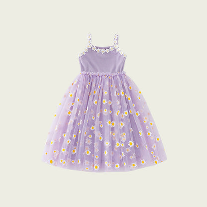 Summer Baby Kids Girls Sleeveless Floral Daisy Pattern Mesh Strap Dress