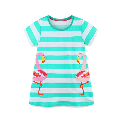 Summer Arrival Cotton Animals Pattern Short Sleeves Striped Dress for Stylish Girls