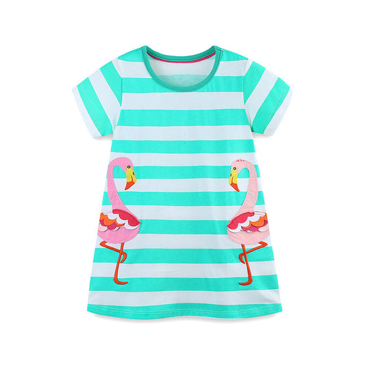 Summer Arrival Cotton Animals Pattern Short Sleeves Striped Dress for Stylish Girls