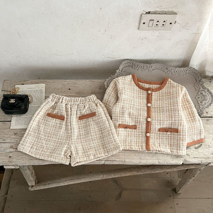 Spring Baby Kids Girls Plaid Cardigan And Shorts Clothing Set