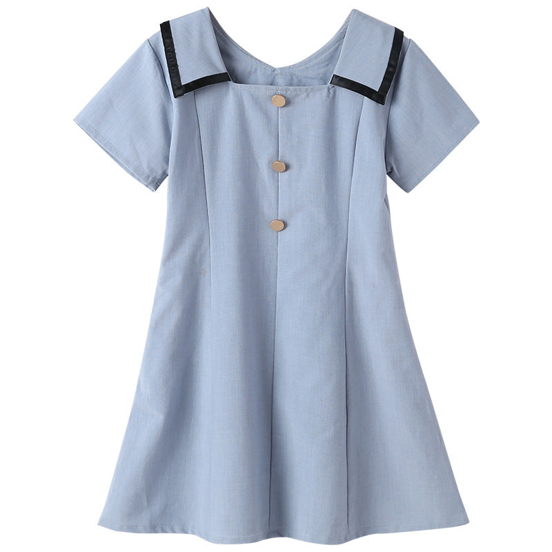 Design Summer Kids Girls French Style Simple Square Neck Turndown Collar Dress