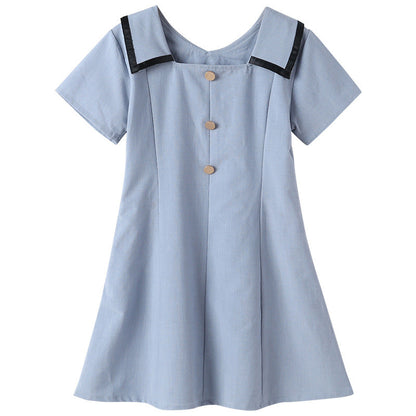 Design Summer Kids Girls French Style Simple Square Neck Turndown Collar Dress