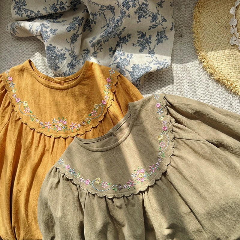 Arrival Autumn Girls Flowers Embroidery Pattern Long Sleeves Dress