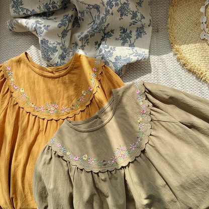 Arrival Autumn Girls Flowers Embroidery Pattern Long Sleeves Dress