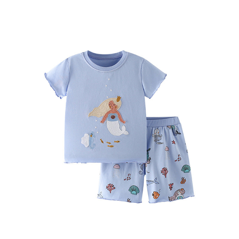 Summer Baby Kids Mermaid and Marine Animals Pattern T-shirt and Shorts Clothing Set for Girls
