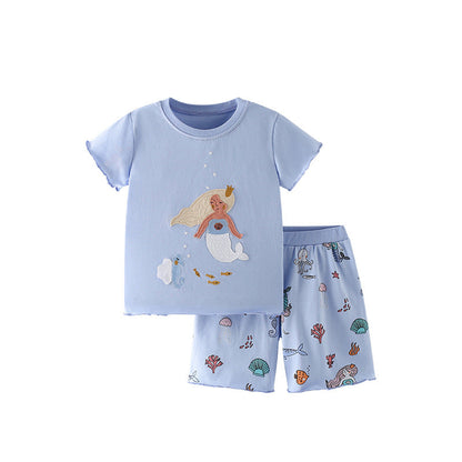 Summer Baby Kids Mermaid and Marine Animals Pattern T-shirt and Shorts Clothing Set for Girls