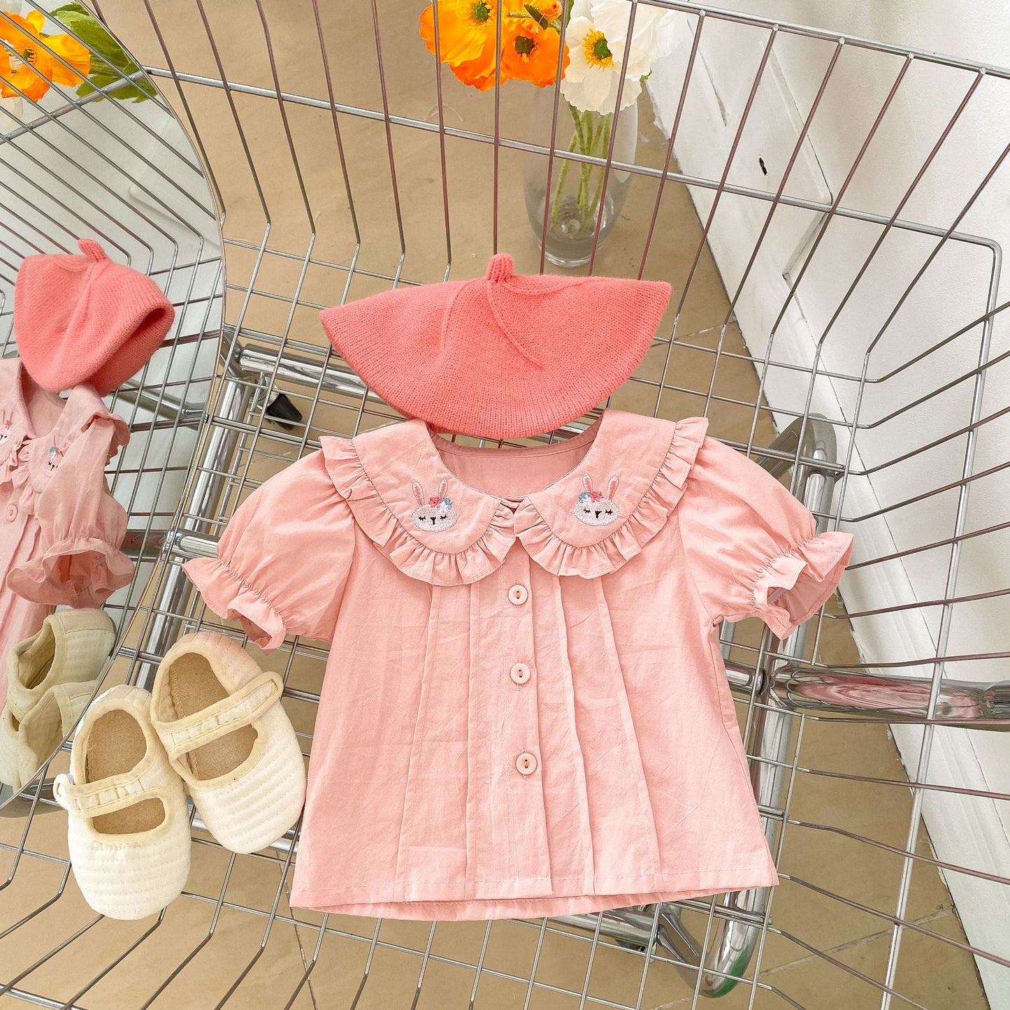 Baby Girl Solid Color Doll Neck Blouses With Strap Dress Sets
