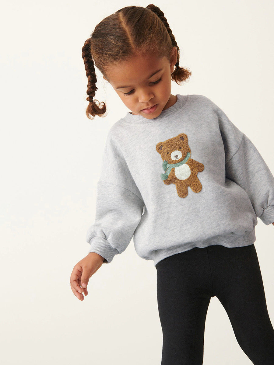 Spring And Autumn Girls Teddy Bear Pattern Long Sleeves Top Sweatshirt And Black Pants Clothing Set
