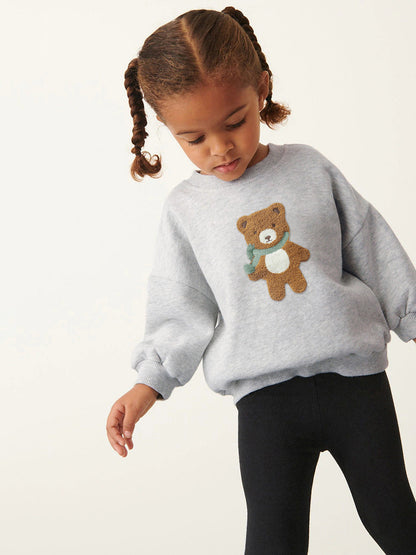 Spring And Autumn Girls Teddy Bear Pattern Long Sleeves Top Sweatshirt And Black Pants Clothing Set