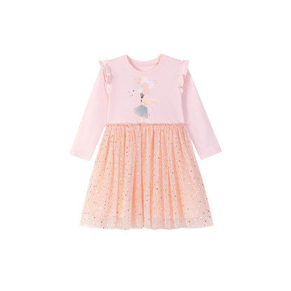 Autumn and Spring Arrival Rabbit Cartoon Pattern Long Sleeves Tulle Patchwork Dress for Stylish Girls