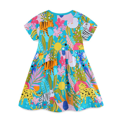 Summer Pure Cotton Cartoon Jungle Animals Pattern Short Sleeves Dress for Stylish Girls