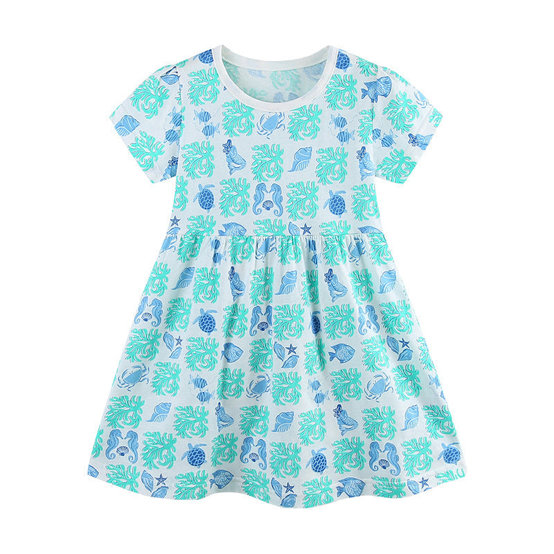 Summer Arrival Marine Animals Pattern Short Sleeves Dress for Stylish Girls