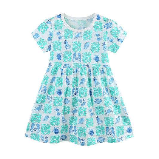 Summer Arrival Marine Animals Pattern Short Sleeves Dress for Stylish Girls