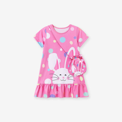 Summer Arrival Cartoon and Polka Dots Pattern Short Sleeves Dress for Stylish Girls