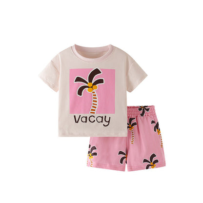 Summer Baby Kids Cartoon Coconut Palm Pattern T-shirt and Pink Shorts Clothing Set for Girls