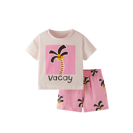 Summer Baby Kids Cartoon Coconut Palm Pattern T-shirt and Pink Shorts Clothing Set for Girls