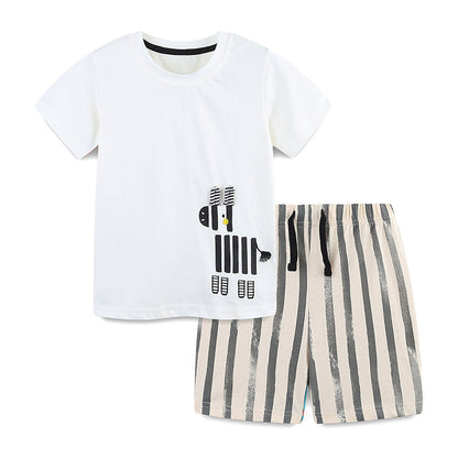Summer Baby Kids Animals Cartoon Pattern T-shirt and Striped Shorts Clothing Set for Boys