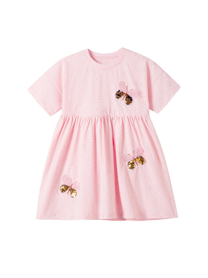 Summer Arrival Sequin Butterfly Pattern Short Sleeves Pink Dress for Stylish Girls
