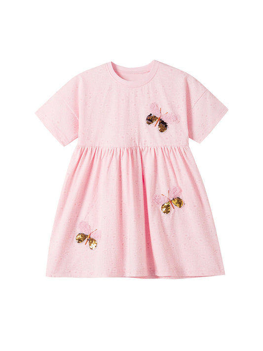 Summer Arrival Sequin Butterfly Pattern Short Sleeves Pink Dress for Stylish Girls