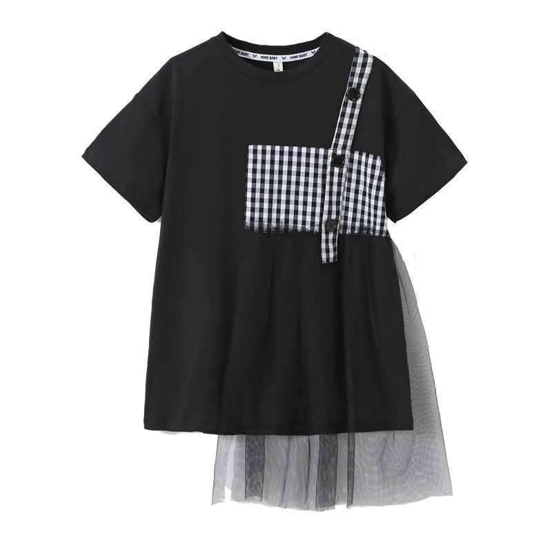 Black Plaid Patched Design Mesh Casual Dress