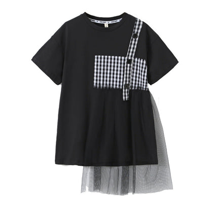 Black Plaid Patched Design Mesh Casual Dress