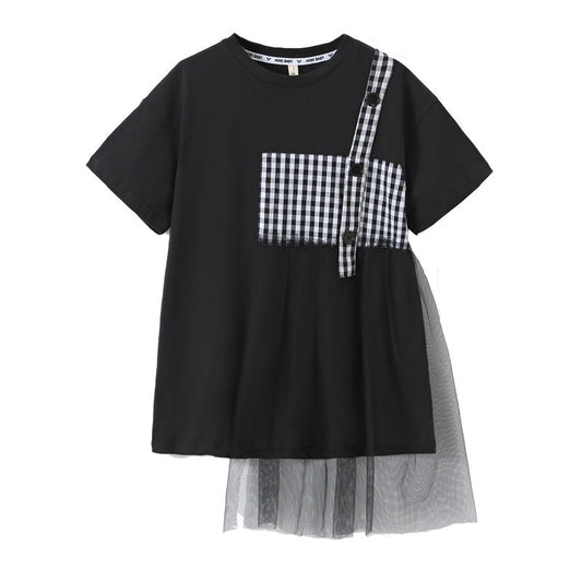 Black Plaid Patched Design Mesh Casual Dress
