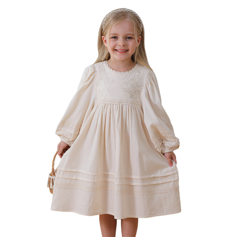 Spring and Autumn Solid Color Floral Pattern Long-sleeved Dress for Stylish Girls