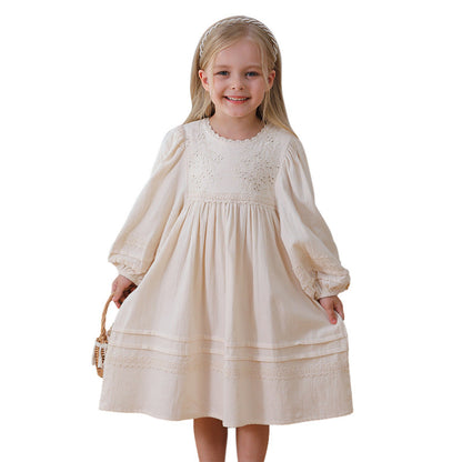 Spring and Autumn Solid Color Floral Pattern Long-sleeved Dress for Stylish Girls