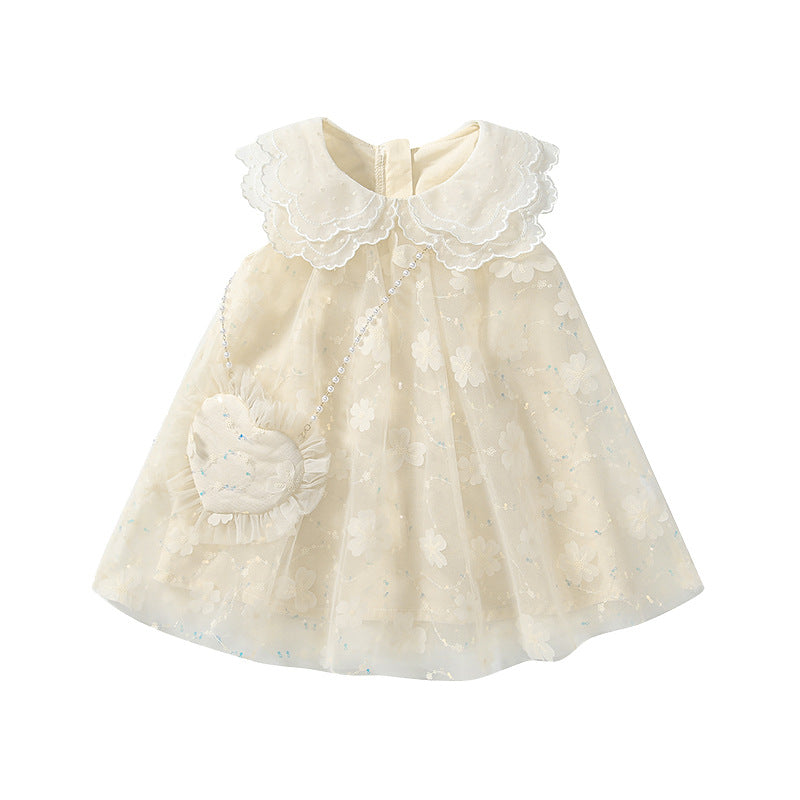 Summer Arrival Baby Girls Cute Floral Pattern Tulle Sleeveless Dress with Collar