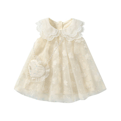 Summer Arrival Baby Girls Cute Floral Pattern Tulle Sleeveless Dress with Collar