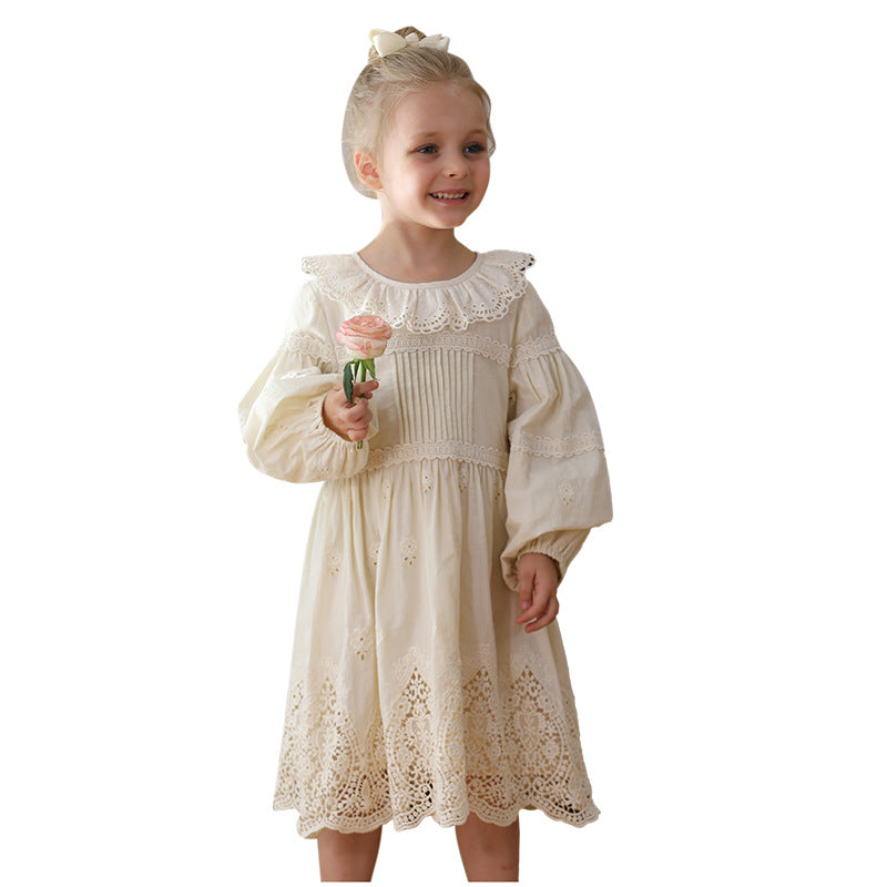 Spring and Autumn Solid Color Long-sleeved Dress with Lace Collar for Stylish Girls