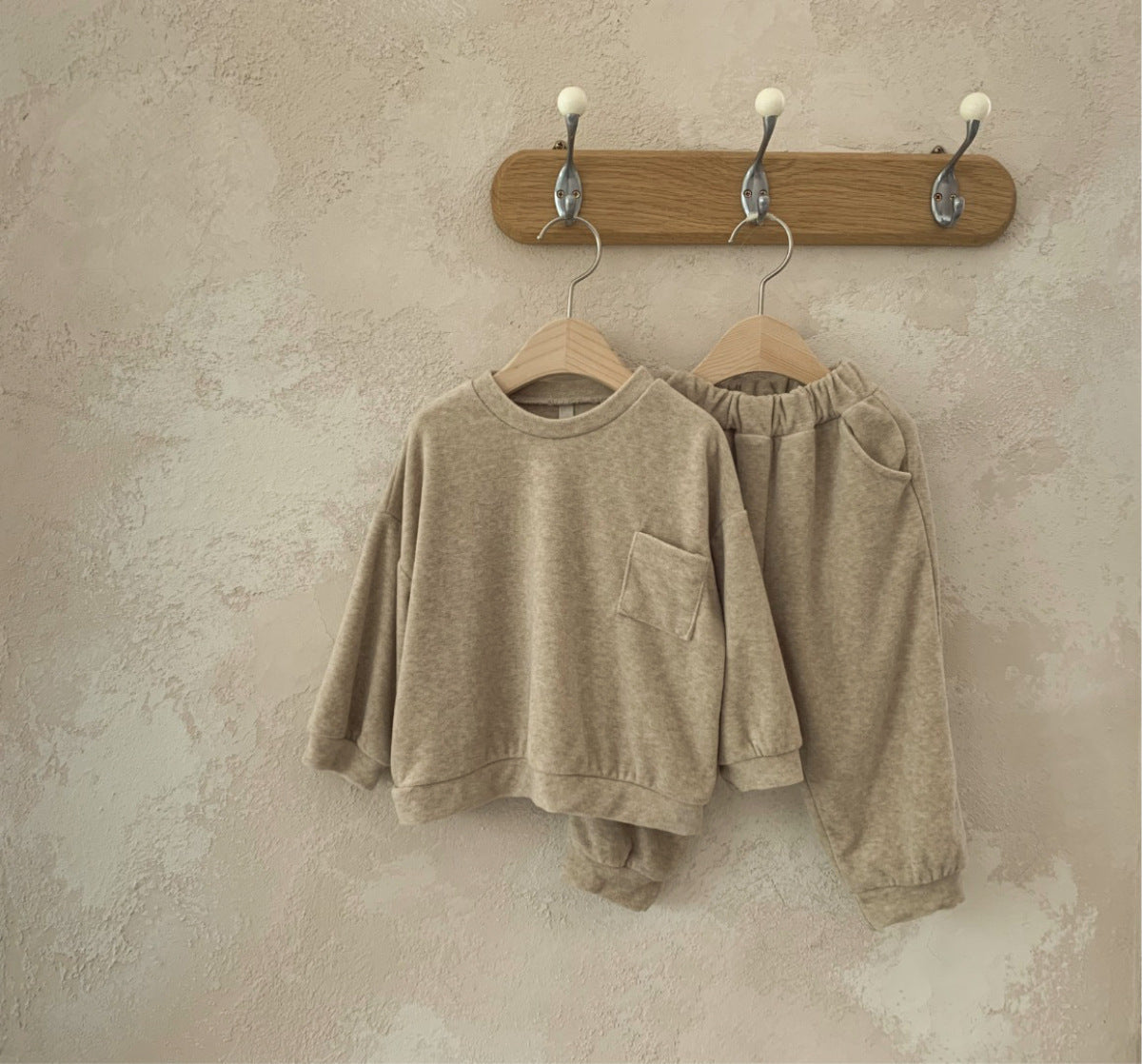 Spring Baby And Kids Unisex Solid Color Pullover Top With Pocket And Pants  Clothing Set