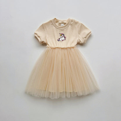 Summer Baby Kids Girls Short-Sleeved Cartoon Unicorn Pattern Mesh Patchwork Dress
