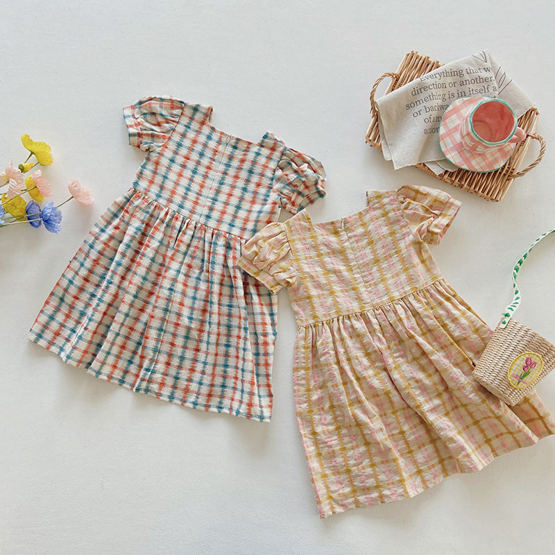 Summer Girls Short Sleeves Colorful Plaid Heart Embroidery Dress
