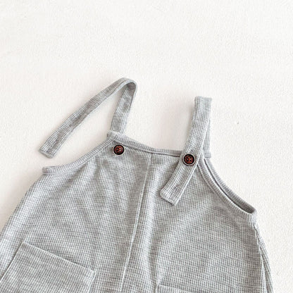 Summer Hot Selling Baby Kids Unisex Sleeveless Pocketed Grey Strap Overalls and White T-Shirt Clothing Set