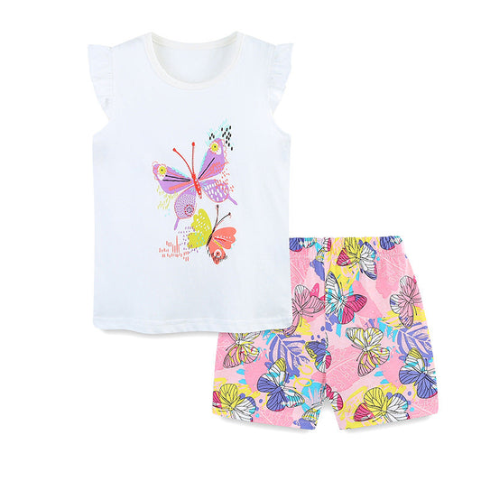 Summer Baby Kids Cute Butterfly Pattern Vest and Shorts Clothing Set for Girls