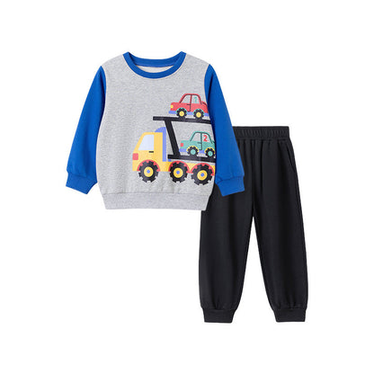 Spring and Autumn Boys Cars Cartoon Pattern Long Sleeves Color Patchwork Sweatshirt and Pants Clothing Set