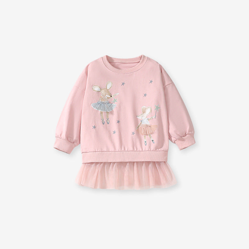 Spring And Autumn Girls Cartoon Dancers Pattern Long Sleeves Crew Neck Top Sweatshirt Design Dress And Pants Clothing Set