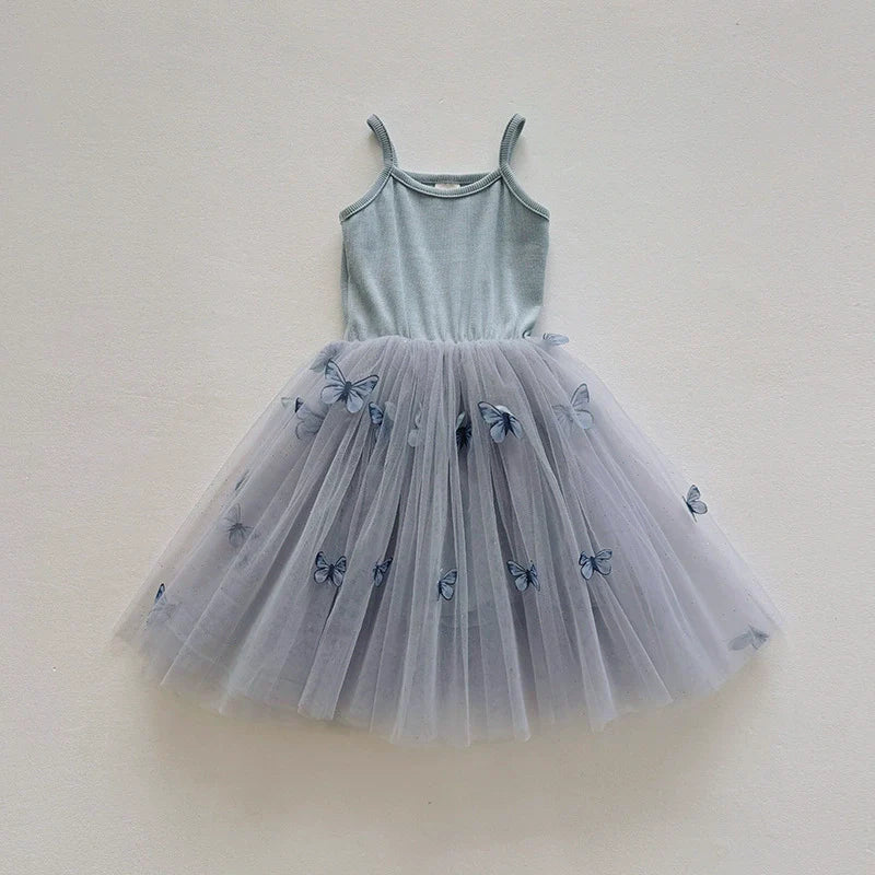Summer Arrival Butterfly Pattern Sleeveless Tulle Patchwork Dress for Stylish Girls