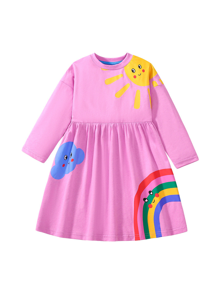 Arrival Autumn Girls Long Sleeves Cartoon Rainbow And Sunshine Pattern Crew Neck Dress