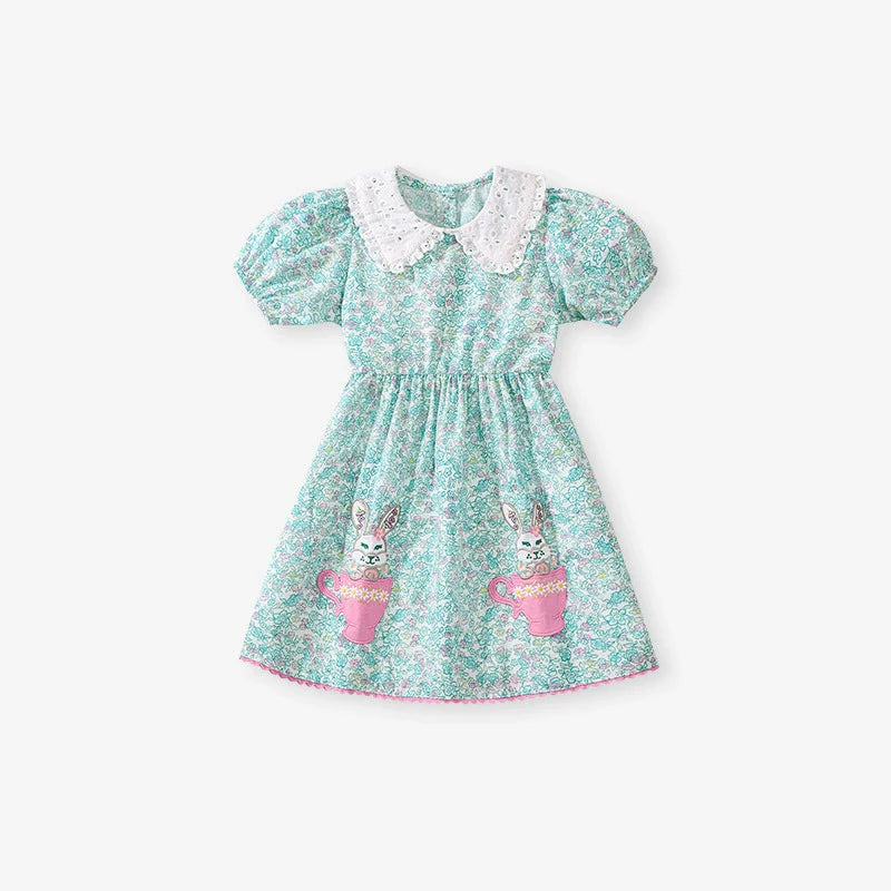 Summer Arrival Animals Cartoon Pattern Short Sleeves Floral Dress for Stylish Girls