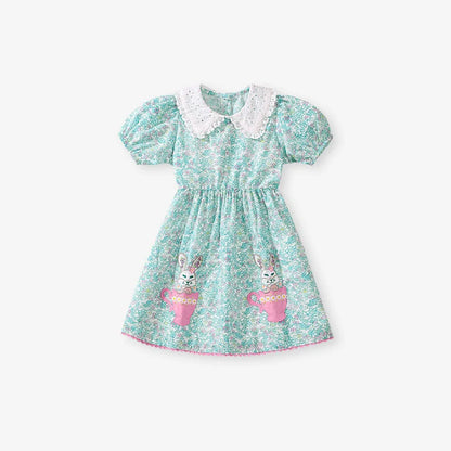 Summer Arrival Animals Cartoon Pattern Short Sleeves Floral Dress for Stylish Girls