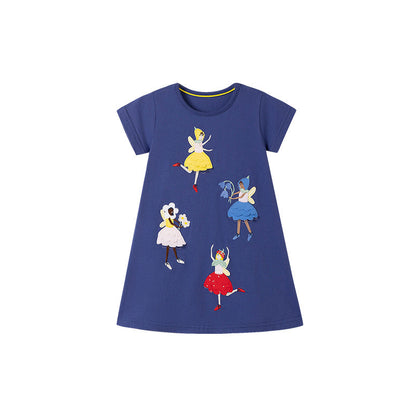 Summer Pure Cotton Dancers Cartoon Pattern Short Sleeves Dress for Stylish Girls
