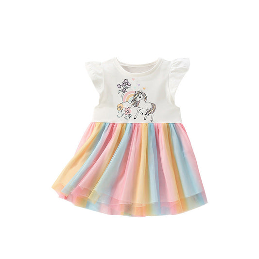 Summer Arrival Animals and Flowers Cartoon Pattern Fly Sleeves Tulle Patchwork Dress for Stylish Girls