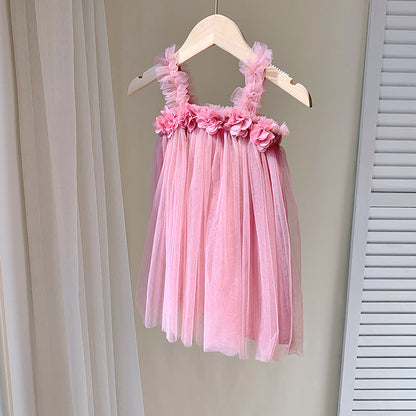 Summer Baby Kids Girls Sleeveless 3D Flowers Mesh Strap Dress