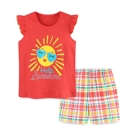 Summer Baby Kids Cartoon Sunshine Pattern Vest and Plaid Shorts Clothing Set for Girls